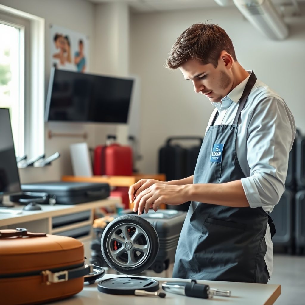 Luggage repair workshop showcasing wheels and zippers